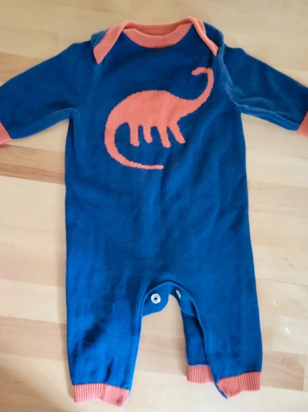 Blue and Coral Dinosaur Knit Baby One-Piece